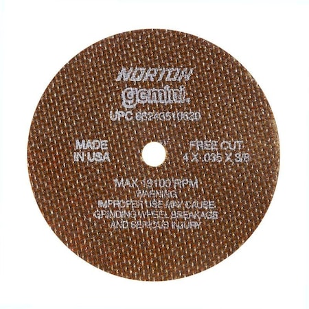 Norton Co SMALL CUT-OFF BLADES, Type 1 - Metal - Gemini Aluminum Oxide, Size: 4 x .035 x 3/8, Max RPM: 19100 662435-10630